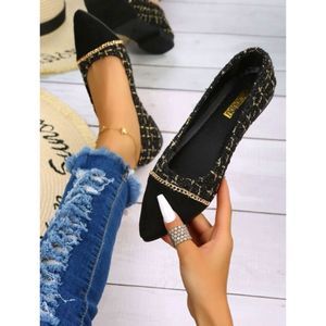 Pointed Toe Tweed Gold Chain Decor Ballet Flats